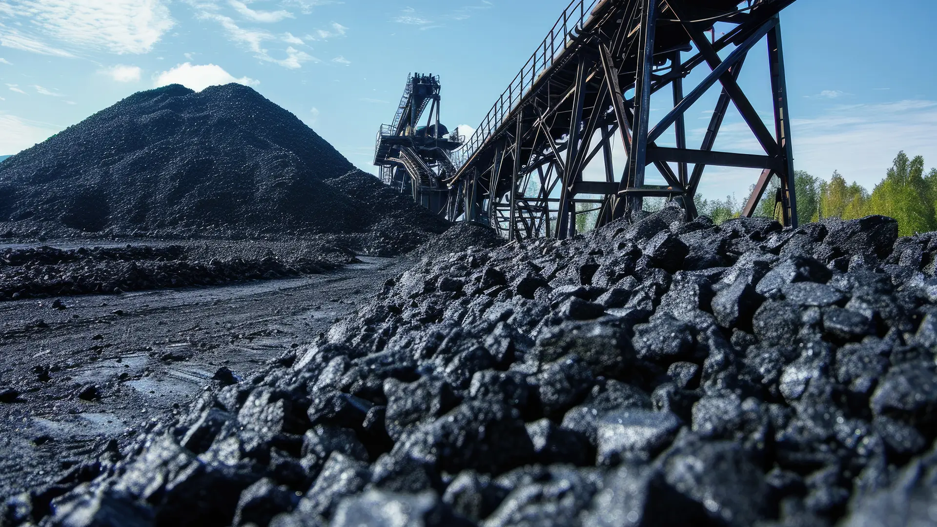 Coal mining stockpile with conveyor belt system transporting coal.