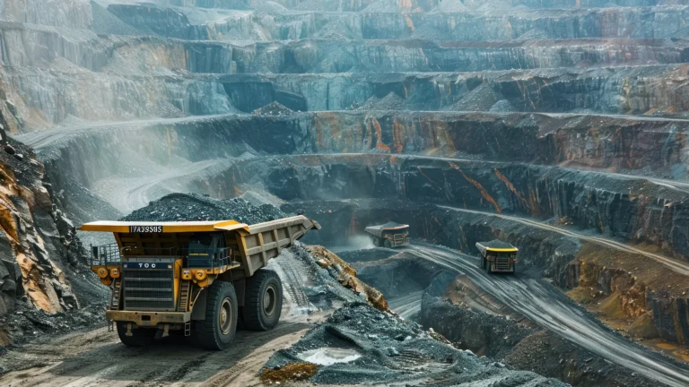 Large mining haul truck transporting ore in an open-pit mine with terraced rock walls.