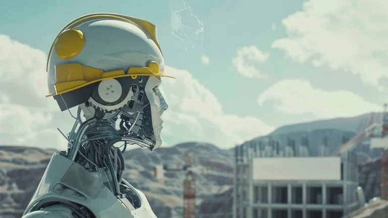 Humanoid robot wearing a yellow construction helmet at a building site with a blurred cityscape in the background