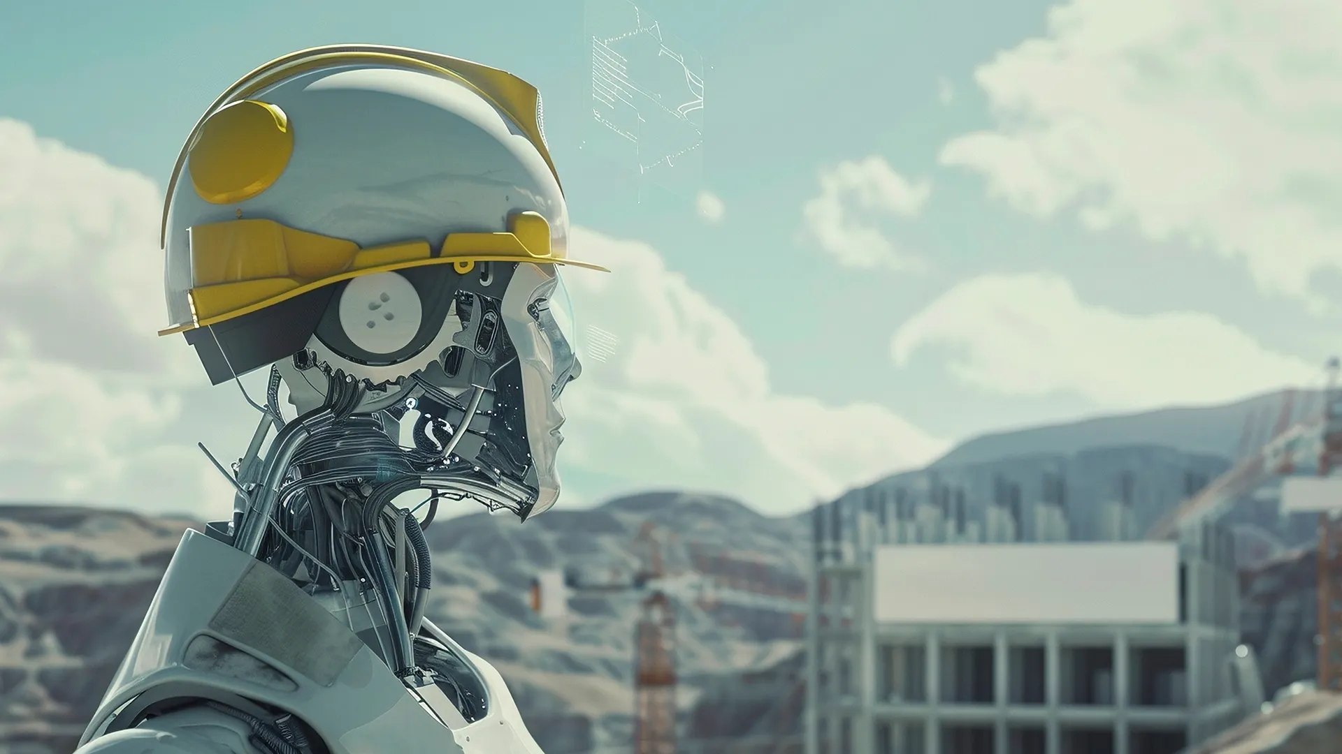 Humanoid robot wearing a yellow construction helmet at a building site with a blurred cityscape in the background
