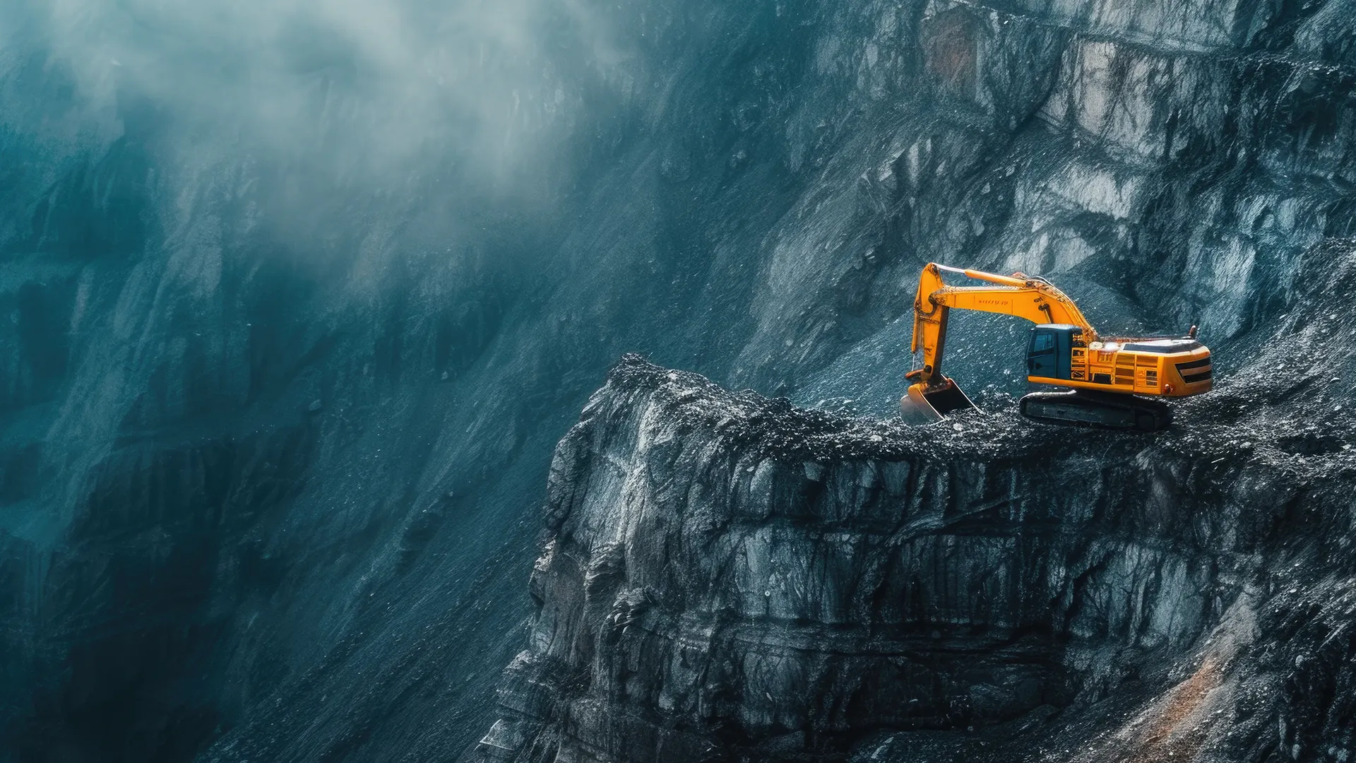 Yellow excavator perched on a rocky cliff edge overlooking a steep blue-gray canyon. Safety risk implied by exposed position.