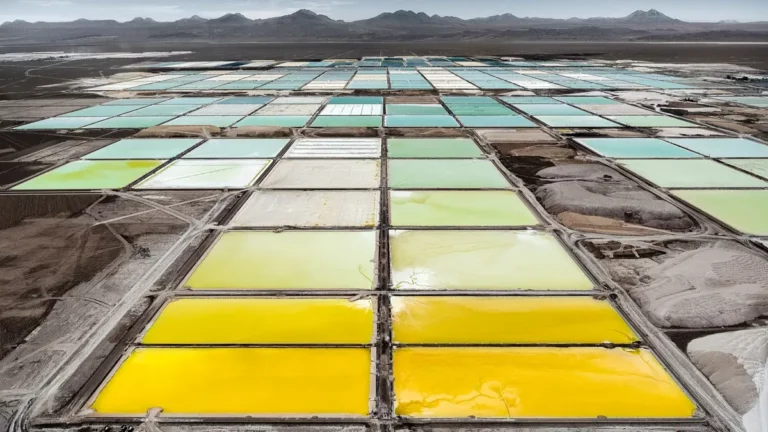 Aerial view of colorful salt evaporation ponds arranged in a grid across a desert landscape, with turquoise, green and yellow basins.